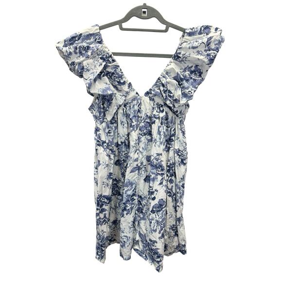 O.P.T Blue Floral Ruffle Mini Dress Cotton Lined Deep V Bow Detail Size XS - Picture 6 of 10